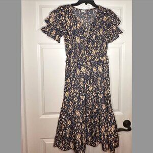 THML Navy Blue and Tan Print Dress, Size XS